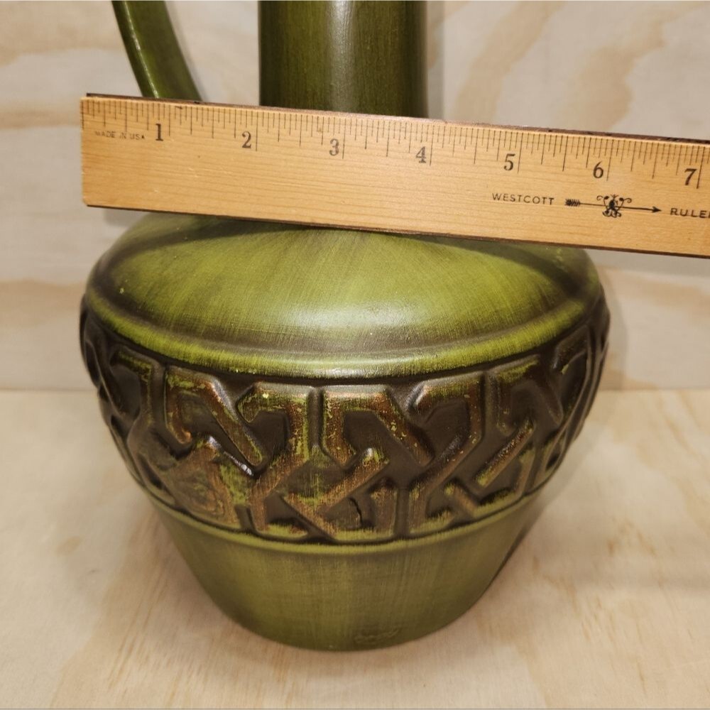 Vintage MCM Green Brown Bronze Ceramic Long Neck Pitcher Vase Pottery - Picture 8 of 11